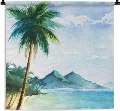 Produktbild von MuchoWow® Wandteppich Wandbehang Aquarell - Meer - Palme 150x150 cm Tapisserie Dekoration Wandtuch - Wohnaccessoires - Modernes