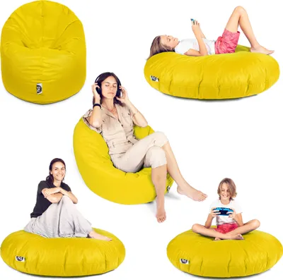 A collage of five images showing different people using yellow beanbag chairs in various positions.