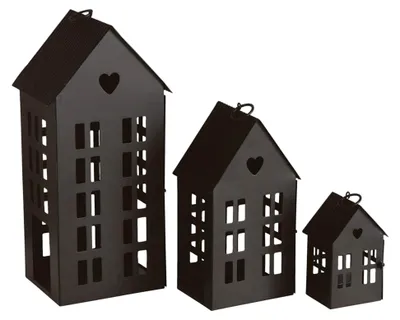Produktbild von Metalllaternen im 3er Set in Schwarz - Höhe der Laternen: 34/21/12 cm - Deko-Windlicht Haus - Kerzenhalter für Innen und Außen