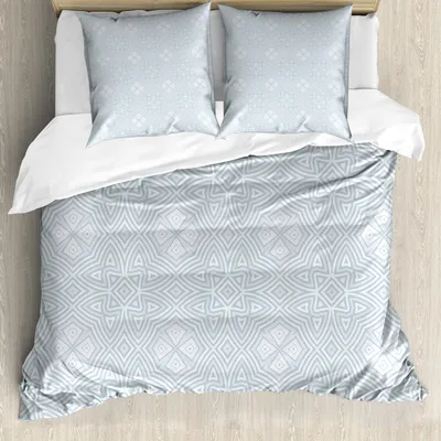 Produktbild von ABAKUHAUS keltisch Bettbezug Set, Blasses Quadrat Und Sternförmige Alte Retro Keltische Knoten Muster, 200 x 200 cm + 80 x 80 cm, Blassblau Grau