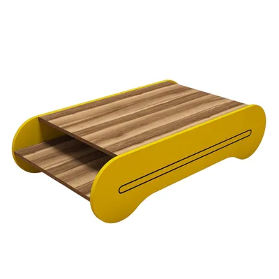 A yellow and wood-grain two-tiered coffee table on a white background.