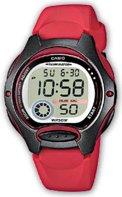 A digital watch with a red band and black bezel is shown against a white background.