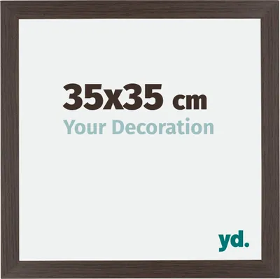 A framed picture with text indicating size and a logo.