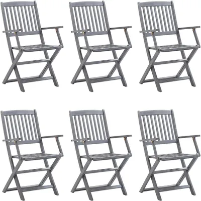 Produktbild von 6 klappbare Gartenstühle aus massivem Akazienholz mit Kissen, grau lasiert, bis 110 kg belastbar, für Garten, Terrasse und Hof
