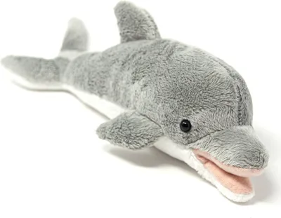 A plush toy dolphin on a white background.