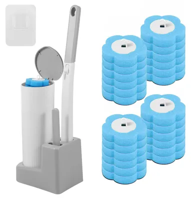 Produktbild von Einweg-Toilettenbürste mit Halter - Inklusive 24 Reinigungsschwamm-Nachfüllköpfen - Zur Reinigung von WC Waschbecken und Badewanne