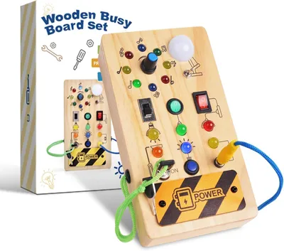 Immagine prodotto di Tavola sensoriale Montessori per bambini, adatta a neonati e bambini di 1 e 2 anni. Giocattolo educativo Montessori, pannello di legno con bottoni e luci