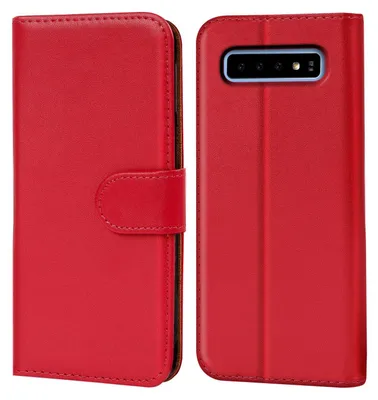 A red flip case for a smartphone is shown from the front and back.