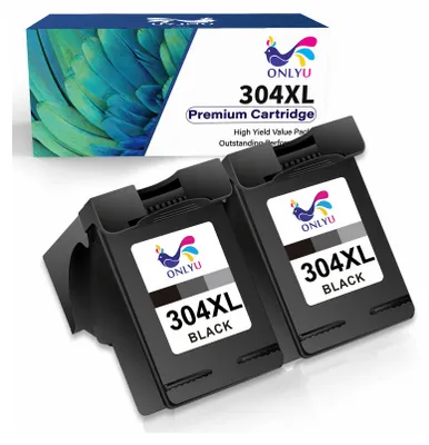 A product shot of two black printer ink cartridges and their packaging.