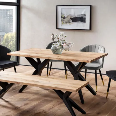 Obrázek produktu pro WOHNLING Jídelní stůl 200 x 100 x 76 cm z masivního akáciového dřeva a kovu, jídelní stůl ve stylu loft, kuchyňský stůl s kovovými nohami, dřevěný stůl v industriálním stylu, velký jídelní stůl