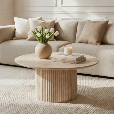 Produktbild von Couchtisch TEBUR, rund 80 cm in Travertinoptik, Beige - Beistelltisch mit stabiler MDF-Tischplatte, Wohnzimmertisch mit rundem Fuß im geriffelten Design, Coffee Table minimalistisch
