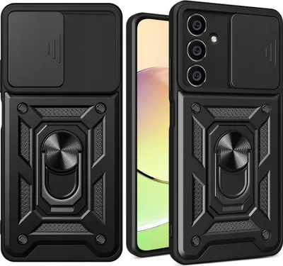 A black phone case with a camera cover and a ring holder is displayed.