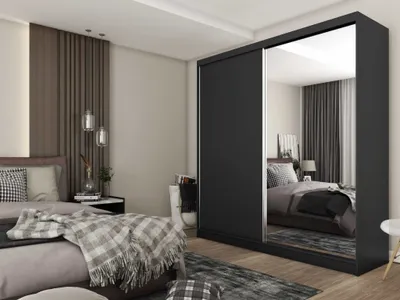 Produktbild von AGMAT Schwebetürenschrank Prato, Kleiderschrank mit 2 Türen und Spiegel, Moderne Garderobe in Farbe: Schwarz, Schrank in Größe: 200 x 216 x 61 cm