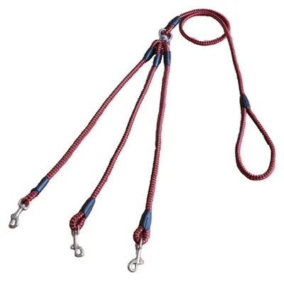 Produktbild von Hundeleine 3-Wege Kupplung Nylon Mehrfachleine Für 2-3 Hunde Rot Reflektierend Trainingsleine