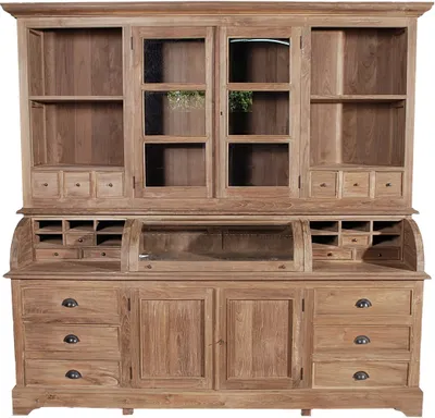 A large wooden buffet cabinet with glass doors and multiple drawers and shelves.