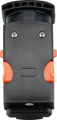A close-up, top-down view of a black and orange smartphone mount.