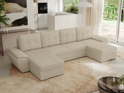 Produktbild von MKS MEBLE Sofa mit Schlaffunktion - Wohnlandschaft u form - Ecksofa mit Schlaffunktion und Bettkasten - Schlafsofa - Couch - Schlafsofa mit Bettkasten - Umbria U - Beige Boucle