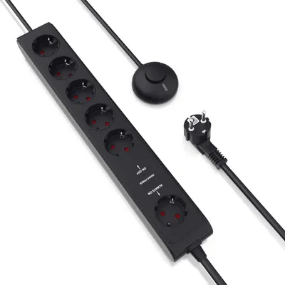 A black power strip with six outlets, a foot switch, and a plug is shown on a white background.