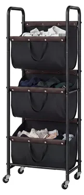 Produktbild von Wäschekorb Wäschesortierer Wäschewagen - Mit 3 Fächern - 120 L - Schwarz - Für Waschraum und Schlafzimmer