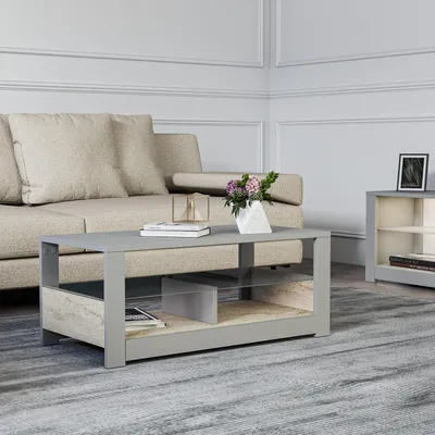 Immagine prodotto di Skye Decor, tavolino da caffè di alta qualità con piano in vetro, 90 x 37 x 45 cm | Realizzato in pannello di particelle rivestito in melamina al 100%, spessore 18 mm | Montabile a parete, disponibile nei colori grigio e travertino, design moderno.