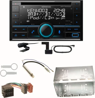 A car stereo system and its accessories are laid out on a white background.