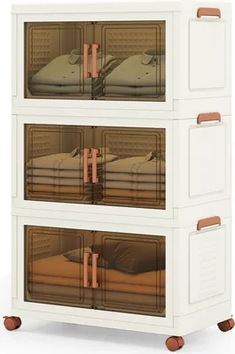Produktbild von Zusammenklappbare Aufbewahrungsboxen, 3-er stapelbare Kleiderschrank aus Kunststoff, mit Deckeln und Türen, mit Rollen, Weiß & Braun