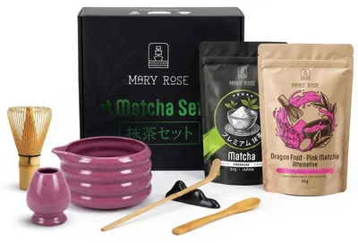 Produktbild von Mary Rose - Matcha Tee Geschenkset Premium Japan 30g & Pink Drachenfrucht Pulver 50g - Schale Matchawan Beri 500ml - Kusenaoshi, Chashaku, Chasen