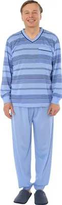Produktbild von Pyjama Herren lang Shirt+Hose Schlafanzug Schlafkleidung Nachtwäsche Nachtanzug, Größe:M, Farbe:Blau 2