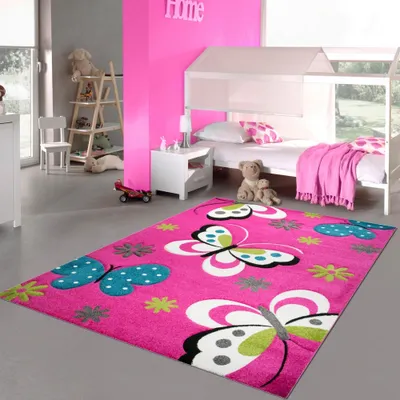 Obrázek produktu pro Zářivý koberec s motivem motýlů do dětského pokoje, růžový, rozměry – 160 x 230 cm