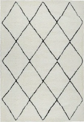 A close-up, top-down view of a shaggy rug with a diamond pattern.