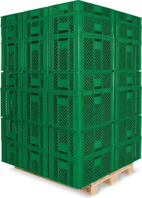 Produktbild von 1 Palette / 78 Stück Stapelkörbe/Bäckerkästen in 5 Größen, Grundmaß LxB 600 x 400 mm, H 90 mm, 150 mm, 240 mm, 320 mm, 410 mm, Farbe grün
