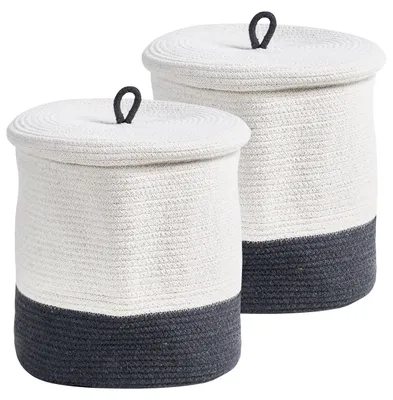 Produktbild von BELIANI Aufbewahrungskorb 2er Set Weiß u. Grau Baumwolle Zweifarbig Rund mit Deckel Boho-Design Textilkorb Badezimmerkorb Wäschekorb Baumwollkorb