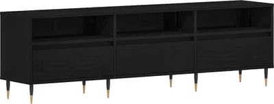 A black TV stand with three open shelves and three drawers, supported by thin black legs with gold accents.