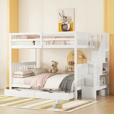 A white bunk bed with drawers and stairs in a child's bedroom.