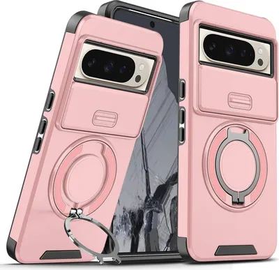 Image de Etui double couche pour Goolge Pixel 10 Pro XL, avec couvercle coulissant pour l'appareil photo et support magnétique en forme d'anneau Rose
