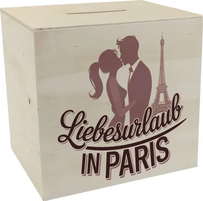 Produktbild von Küssendes Paar Liebesurlaub in Paris Spardose aus Holz