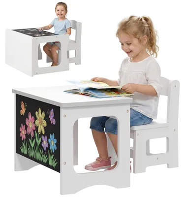 Produktbild von Set Tavolo e Sedia per Bambini 3-6 Anni in Legno con Piano Reversibile, Angoli Arrotondati, Bianco