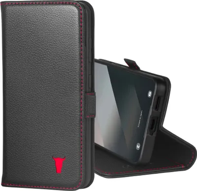 Image de TORRO Galaxy S25 Housse en cuir (avec fonction de support) - Noir avec détail rouge