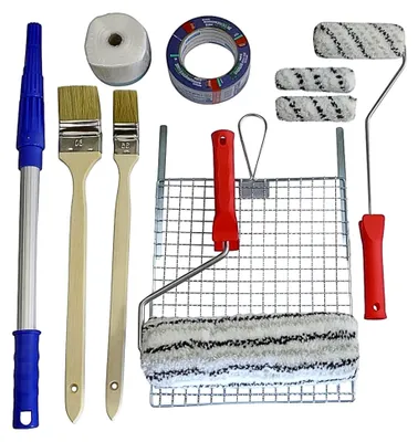 Produktbild von Fassade streichen mit Farbrollern und Pinseln | Fassadenroller mit Abstreifgitter | Abdeckband und Masking-Tape | Teleskopstange | 12-teiliges Set