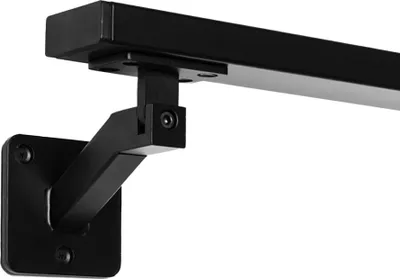 A close-up view of a black metal handrail bracket and a section of the handrail, mounted against a plain white background.