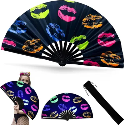 Productafbeelding van Grote UV-gloeiende handwaaier van bamboe - Perfect voor festivals en feesten