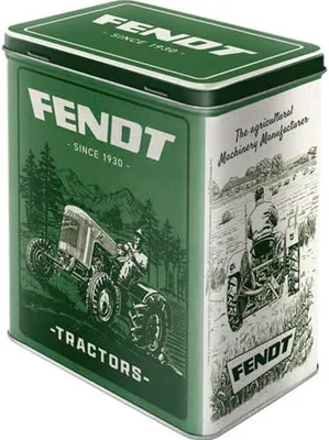 A vintage-style tin box with illustrations of tractors and branding.