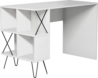 A white desk with black hairpin legs and black cross-braced shelving units.