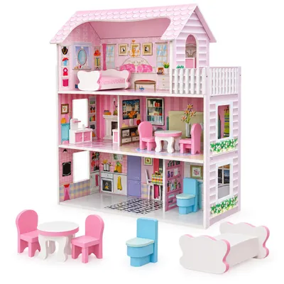 Image de Rijoka Maison de poupée en bois Classic Pink | Ensemble de mobilier de 8 pièces | 3 étages | 62 x 27 x 70 cm