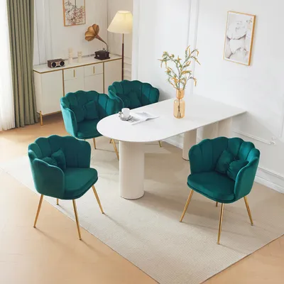 Produktbild von Fortuna Lai Set mit 4 modernen Samt-Wohnzimmerstühlen, Badezimmerstühlen, gepolsterten Stühlen mit Blütenblatt-Rücken, vergoldeten Metallbeinen und Schmetterlingskissen für das Schlafzimmer-Esszimmer