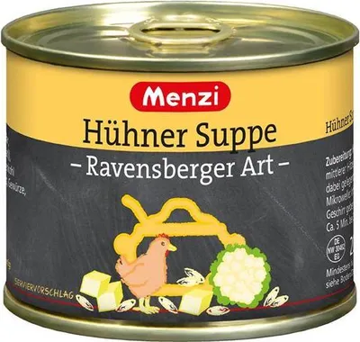 Produktbild von Menzi Hühner Suppe Ravensberger Art 1000 Ml Dosen Leicht würzig Tafelfertig - in der praktischen 5er Stange = 5 Dosen à 200 ml Glutenfrei Proteinreich