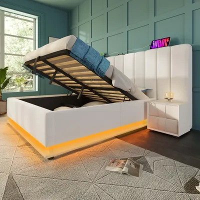 Produktbild von Zerbaco Polsterbett, Doppelbett, 160x200 cm, Stauraumbett mit hydraulischem Bettkasten, LED-Beleuchtung, USB und Type-C Ladefunktion, weiß, mit Lattenrost, ohne Matratze