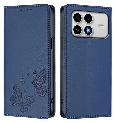 Produktbild von Lederhülle für Xiaomi Poco F8 Pro/Redmi K90, Schmetterling Prägung Leder Brieftasche Schutzhülle mit Ständer Dunkelblau