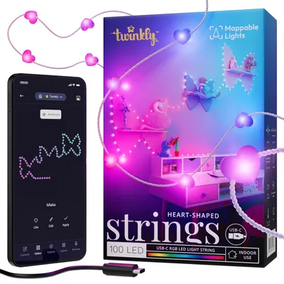 Obrázek produktu pro Twinkly Strings USB-C Hearts, Chytré řetězové osvětlení, Wi-Fi/Bluetooth, Vícebarevný, 16000000 barva/barev, 30000 h, Zeď, Okno