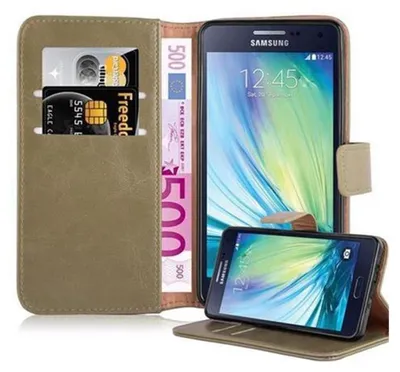 A Samsung Galaxy A5 2015 phone in a brown wallet-style case with card slots and banknotes.